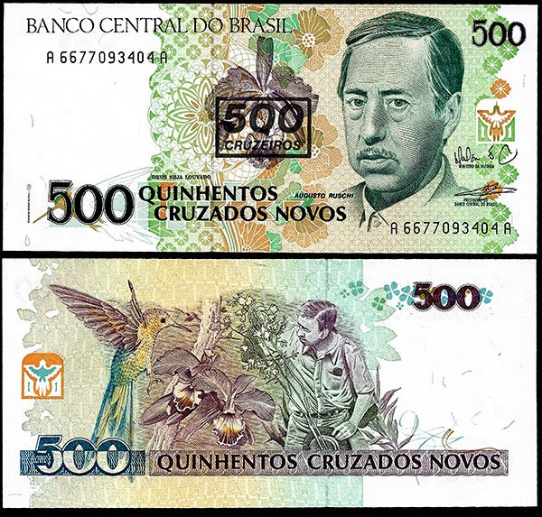 Billete Brasil 500 CRUZEIROS sobre 500 Cruzados Novos 1990 SC
