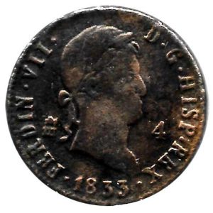 Moneda 1833. 04 Maravedis Fernando VII (1833 Segovia).MBC
