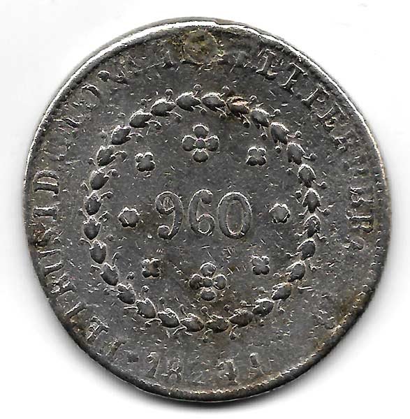 Moneda Brasil 960 Reis 1824R Pedro I - Sobre 8 Reales Español -
