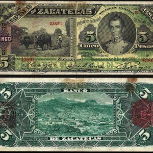Billete Mexico  00005 Pesos 1909 MBC- – Zacatecas REPARADO
