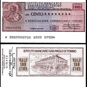 Billete Italia 00100 Liras 1977 SC BILLETE NECESIDAD – Torino
