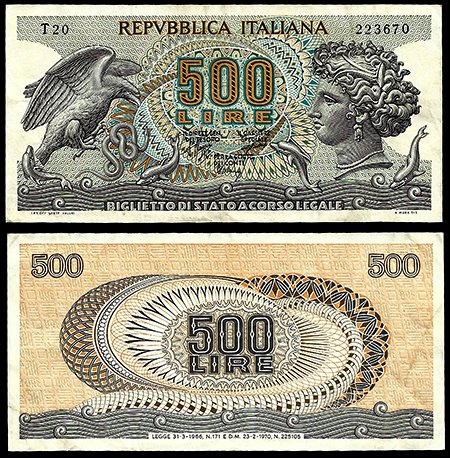 Billete Italia 00500 Liras 1970 MBC P93a