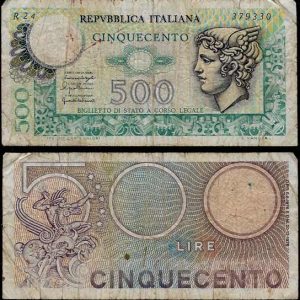 Billete Italia 00500 Liras 1974 MBC P94