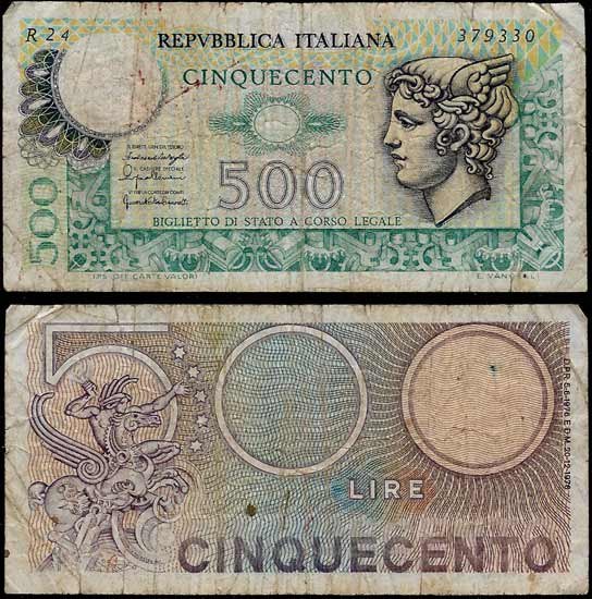 Billete Italia 00500 Liras 1974 MBC P94
