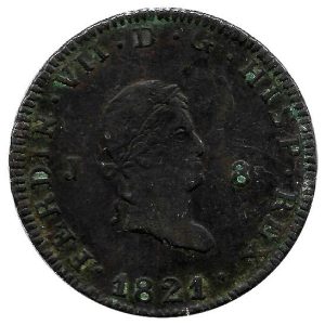 Moneda 1821. 08 Maravedis Fernando VII Jubia. MBC (Laureado)