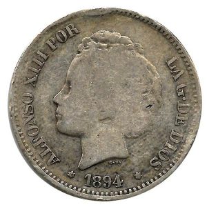 Moneda Alfonso XIII 05 Pesetas 1894 *18.– (PGM) Sevillano.MBC-
