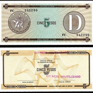 Billete Cuba 005 Pesos (Certificado Divisa) 1985 D SC INUTILIZAD