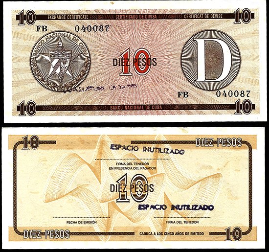 Billete Cuba 010 Pesos (Certificado Divisa) 1985 D SC INUTILIZAD