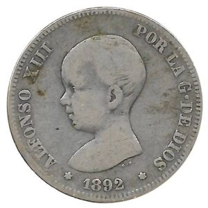 Moneda Alfonso XIII 02 Pesetas 1892 *–.– (PGM) BC