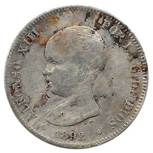 Moneda Alfonso XIII 02 Pesetas 1892 *18.92 (PGM) BC+