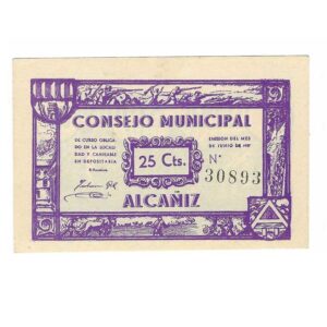 Billete Consejo Municipal Alcañiz 25 Cent. 1937 S/C