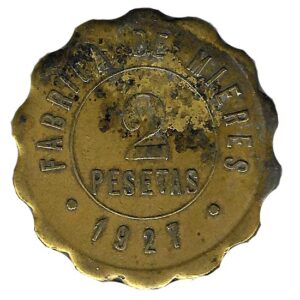 Jeton o Ficha Fabrica Mieres 2 Pesetas 1927 MBC Laton Ondulada