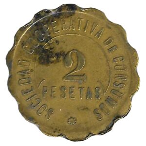 Jeton o Ficha Fabrica Mieres 2 Pesetas 1927 MBC Laton Ondulada