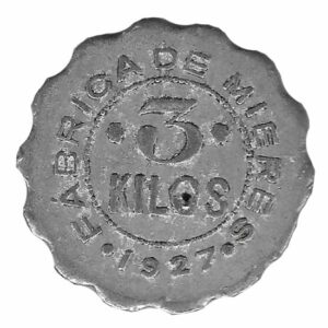 Jeton o Ficha Fabrica Mieres 3 Kilos 1927 Aluminio Ondulada MBC