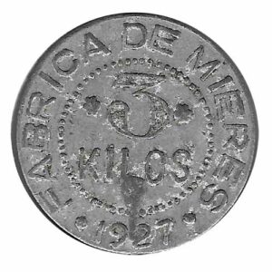 Jeton o Ficha Fabrica Mieres 3 Kilos 1927 Aluminio Redonda MBC