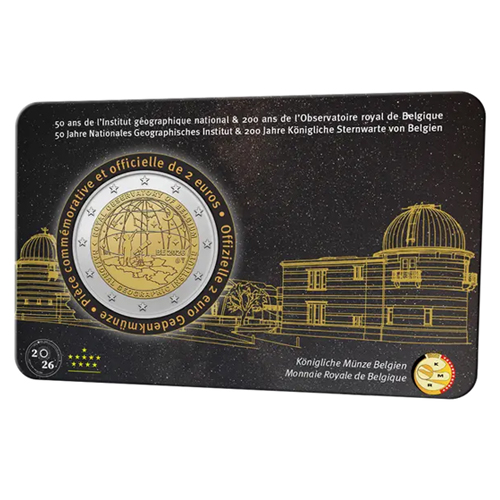Moneda 2 euros de Belgica 2026 IGN y Real Observatorio (Coincard) FRANCÉS